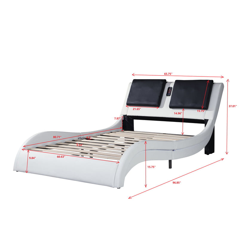 Upholstered Platform Bed Frame With LED Lighting, Bluetooth Connection To Play Music Control, Backrest Vibration Massage, Curve Design, Wood Slat Support, Exhibited Speakers