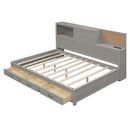 Full Size Wooden Daybed with 3 Storage Drawers, Upper Soft Board, shelf, and a set of Sockets and USB Ports, Gray