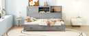 Full Size Wooden Daybed with 3 Storage Drawers, Upper Soft Board, shelf, and a set of Sockets and USB Ports, Gray