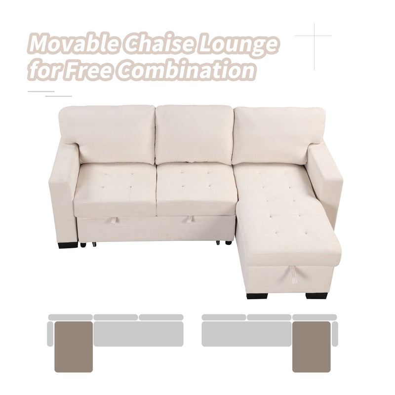 Stylish And Functional Light Chaise Lounge Sectional With Storage Rack Pull-Out Bed Drop Down Table And USB Charger