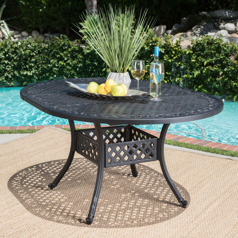 Outdoor Expandable Aluminum Dining Table With Latticework Details And Curvy Legs