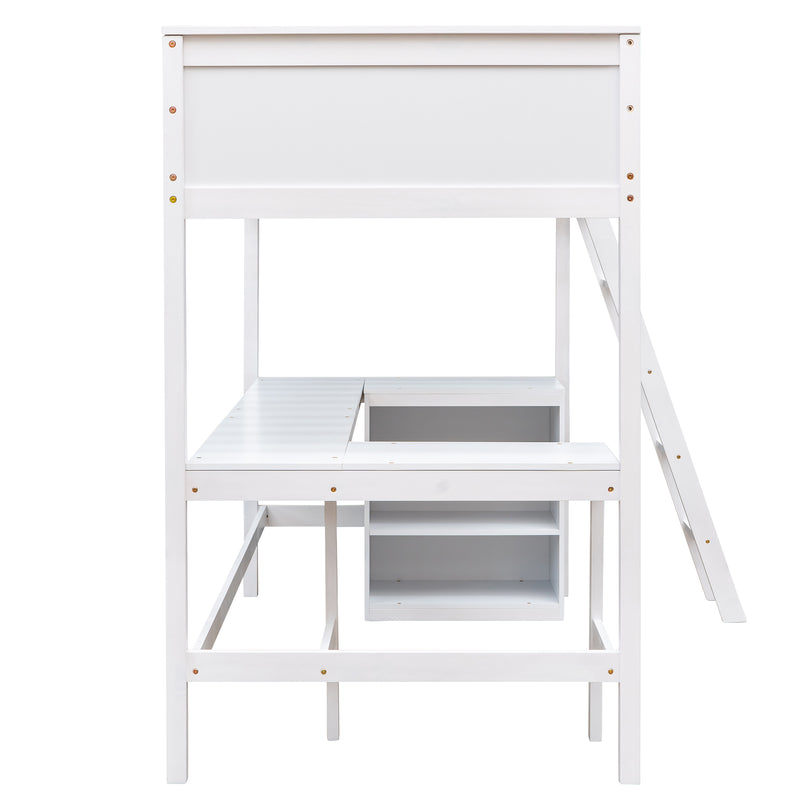 Twin size Loft Bed with Shelves and Desk, Wooden Loft Bed with Desk - White(OLD SKU:LT000537AAK)