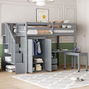 Loft Bed With Stairs, Bookshelf, Drawers, Desk & Wardrobe, Space Saving Multifunctional Furniture