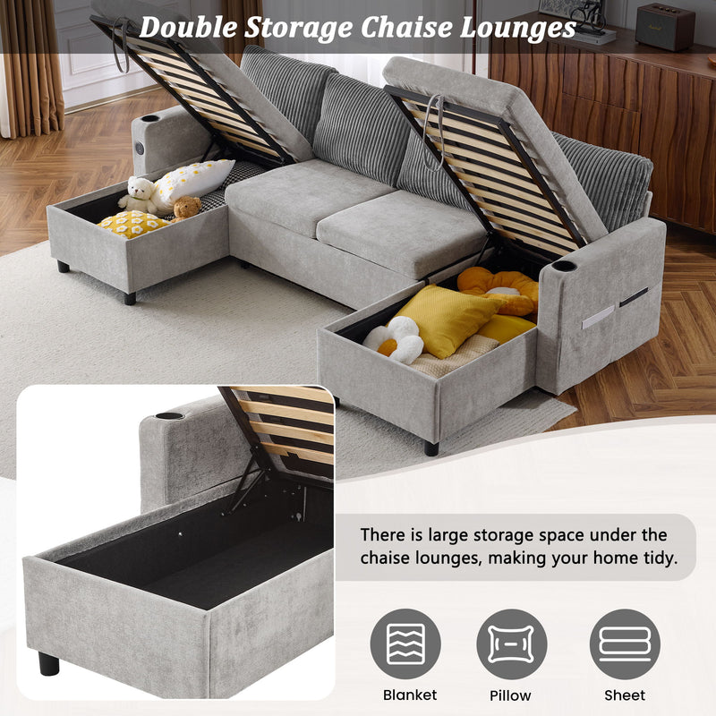 Sectional Sofa Pull Out Sofa Bed Versatile Sofa Sleeper With Large Storage Space, Two USB Ports And Two Cup Holders For Living Room