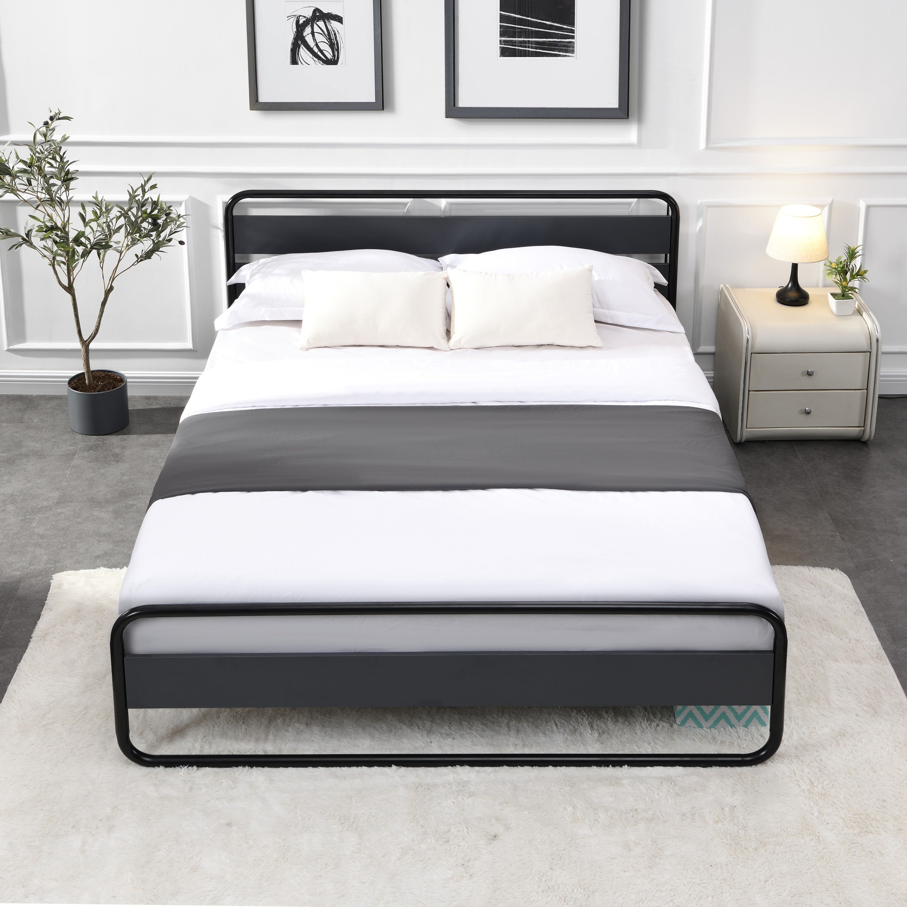 Industrial Platform Queen Bed Frame/Mattress Foundation with Rustic Headboard and Footboard, Strong Steel Slat Support, No Box Spring Needed, Noise Free, Easy Assembly - Atlantic Fine Furniture Melbourne FL