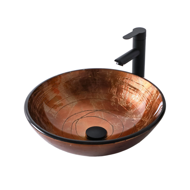 Vessel Bathroom Sink With Pop Up Drain, Round Bowl For Vanity Smooth - Brown