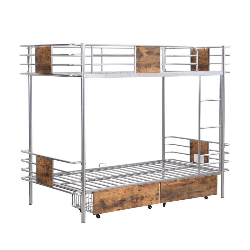 Twin XL over Twin XL Metal Bunk Bed with MDF Board Guardrail and Two Storage Drawers,Silver