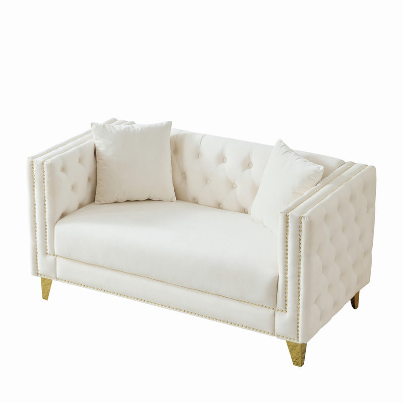 2 Seater Deep Seat Sofa, Sofa With Button Nailhead, Square Arm Couches, Furniture For Living Room - Beige