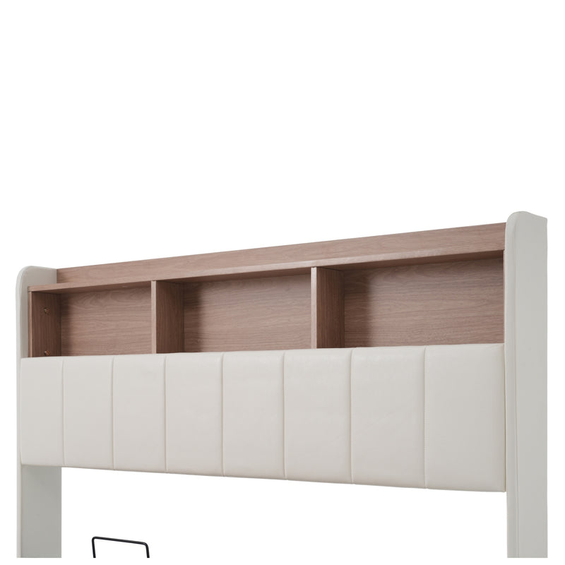 Queen Size  Upholstered Platform Bed with Storage Headboard and Hydraulic Storage System, PU Storage Bed with LED Lights and USB charger, White