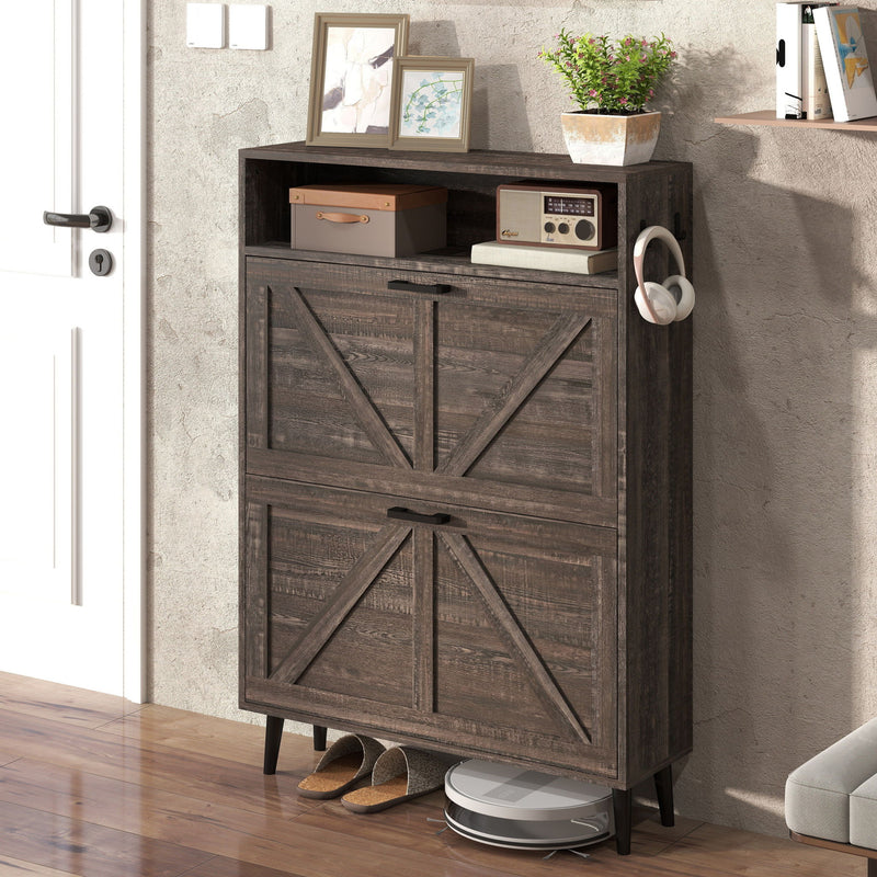 Farmhouse Shoe Storage Cabinet With Barn Door Design, 2 Flip Drawers, Hooks - Dark Oak