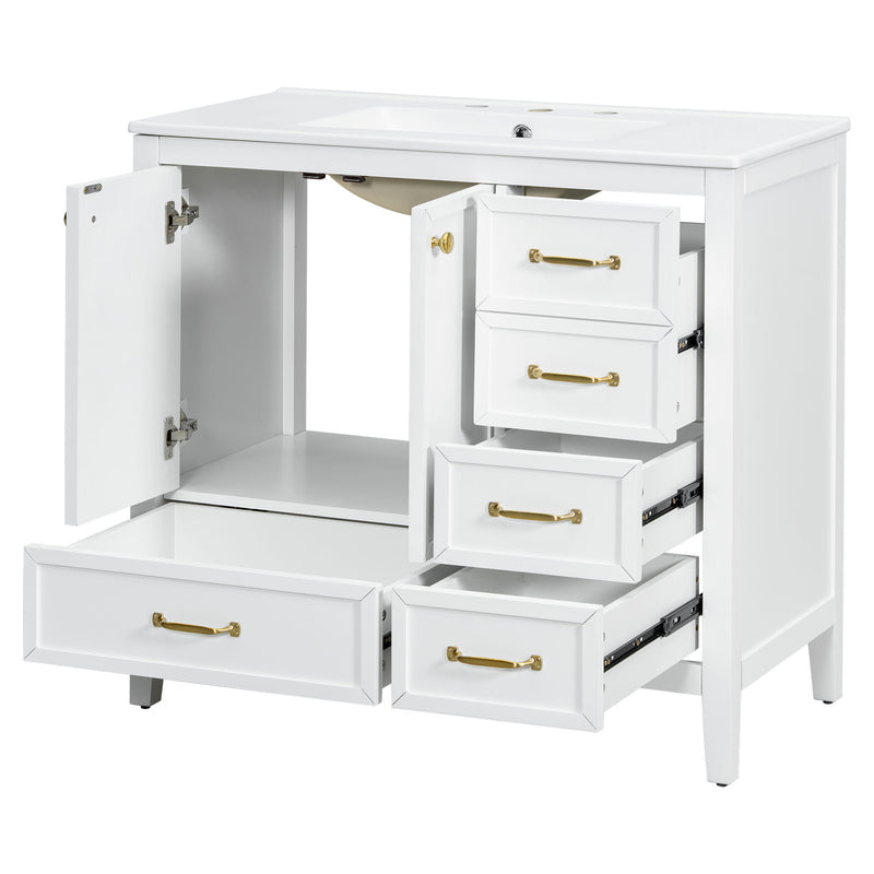 Elegant Vintage Bathroom Vanity With Sink And Soft Closing Door, 4 Drawers Of Different Sizes Frame