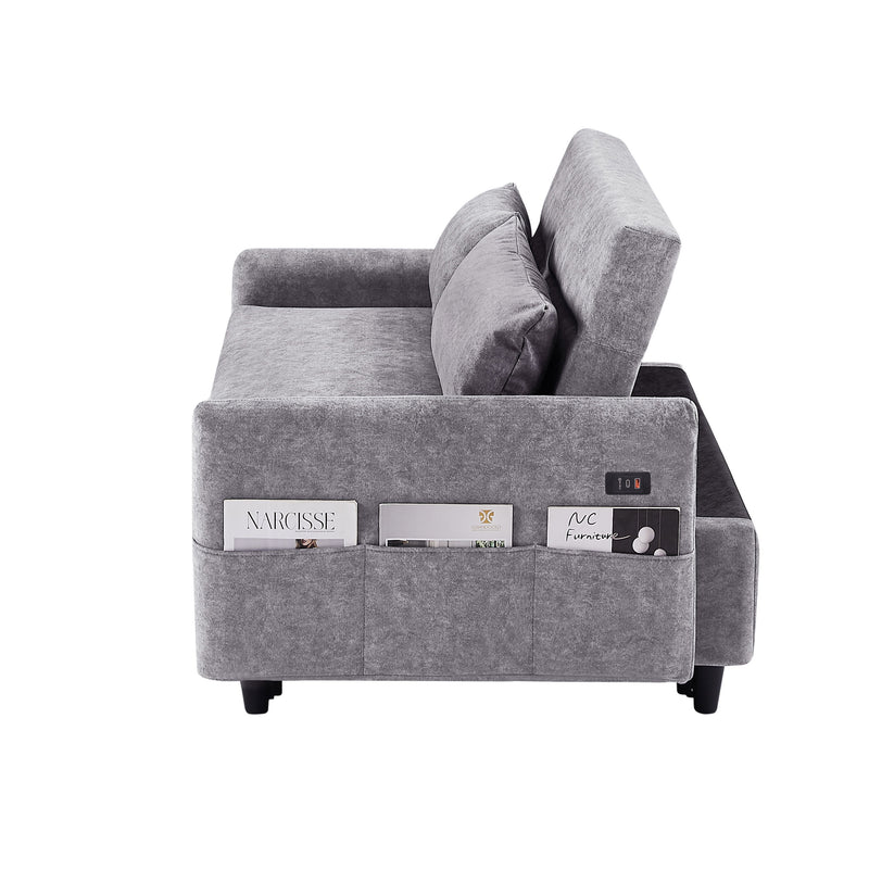 Pull Out Sleep Sofa Bed Loveseats Sofa Couch With Adjsutable Backrest, Storage Pockets, 2 Soft Pillows, USB Ports For Living Room