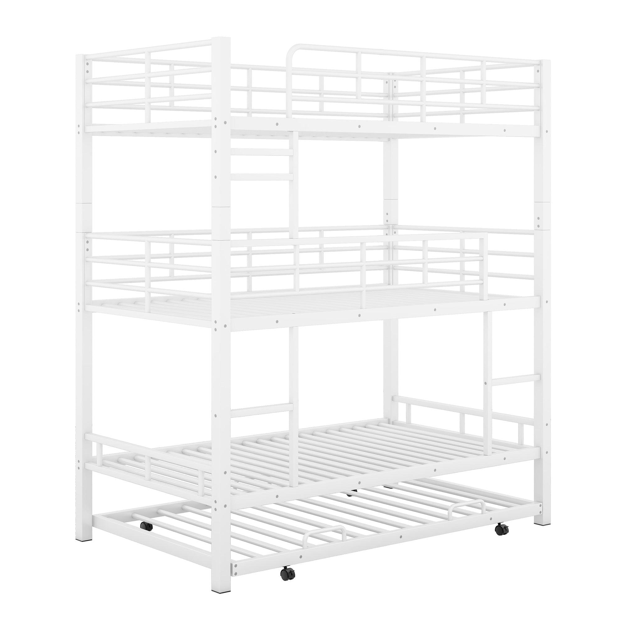 Metal Twin Size Triple Bunk Bed With Trundle, White