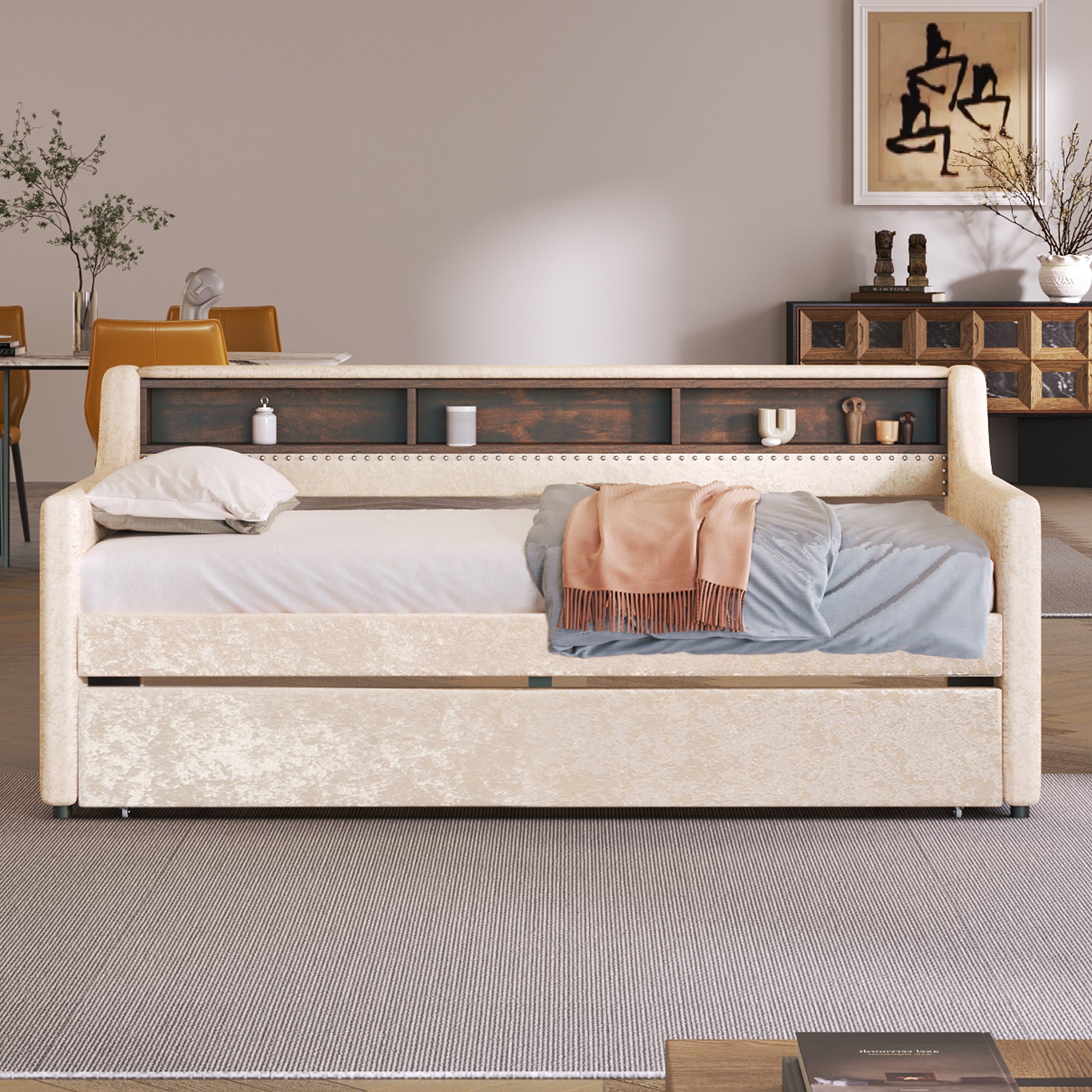 Twin Size Snowflake Velvet Daybed with Trundle and Built-in Storage Shelves,Beige - Atlantic Fine Furniture Melbourne FL
