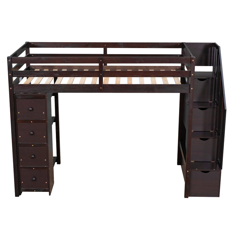 Twin size Loft Bed with Storage Drawers and Stairs, Wooden Loft Bed with Shelves - Espresso