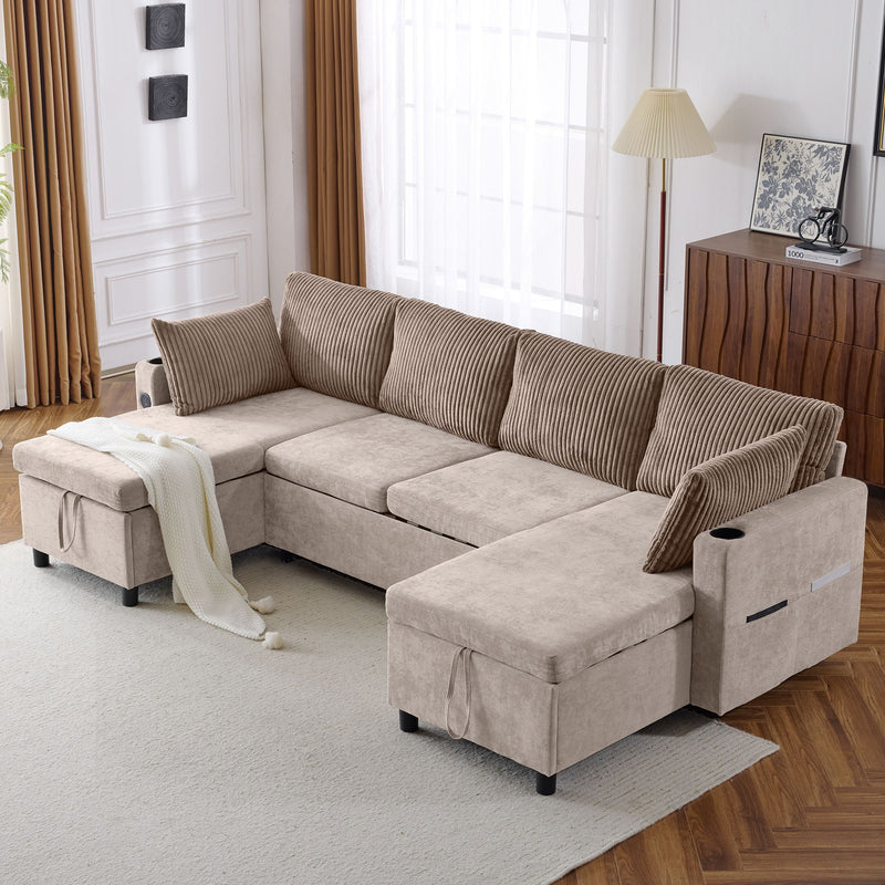 Sectional Sofa Pull Out Sofa Bed Versatile Sofa Sleeper With Large Storage Space, Two USB Ports And Two Cup Holders For Living Room