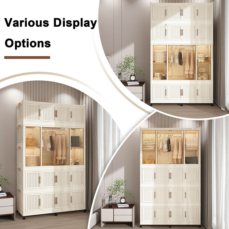 Portable Wardrobe Closet Storage Organizer With Magnetic Doors, Polypropylene - Cream White
