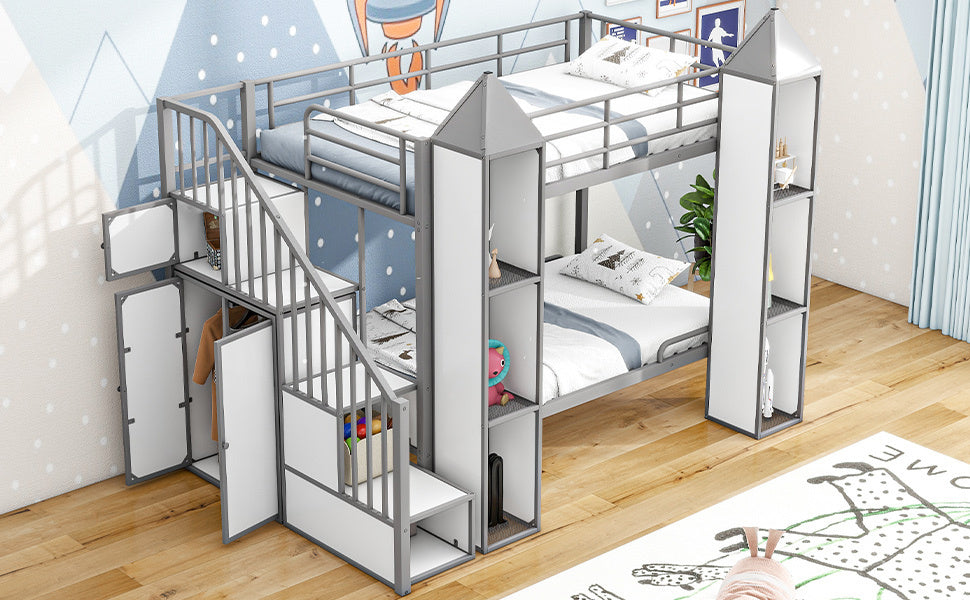Metal Twin over Twin Castle-shaped Bunk Bed with Wardrobe and Multiple Storage, Gray+White - Atlantic Fine Furniture Melbourne FL