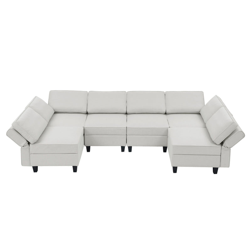 Linen Modular Sectional Sofa, U Shaped Couch With Adjustable Armrests And Backrests, 6 Seat Reversible Sofa Bed With Storage Seats For Living Room - Gray White