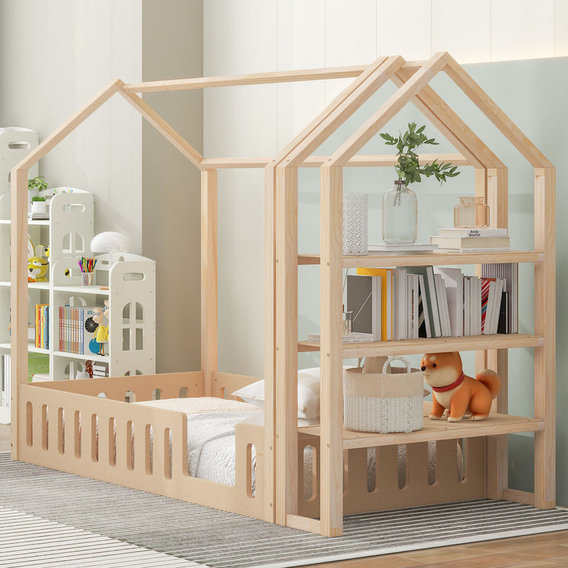 Twin Size Wood House Bed with Fence and Detachable Storage Shelves, Natural