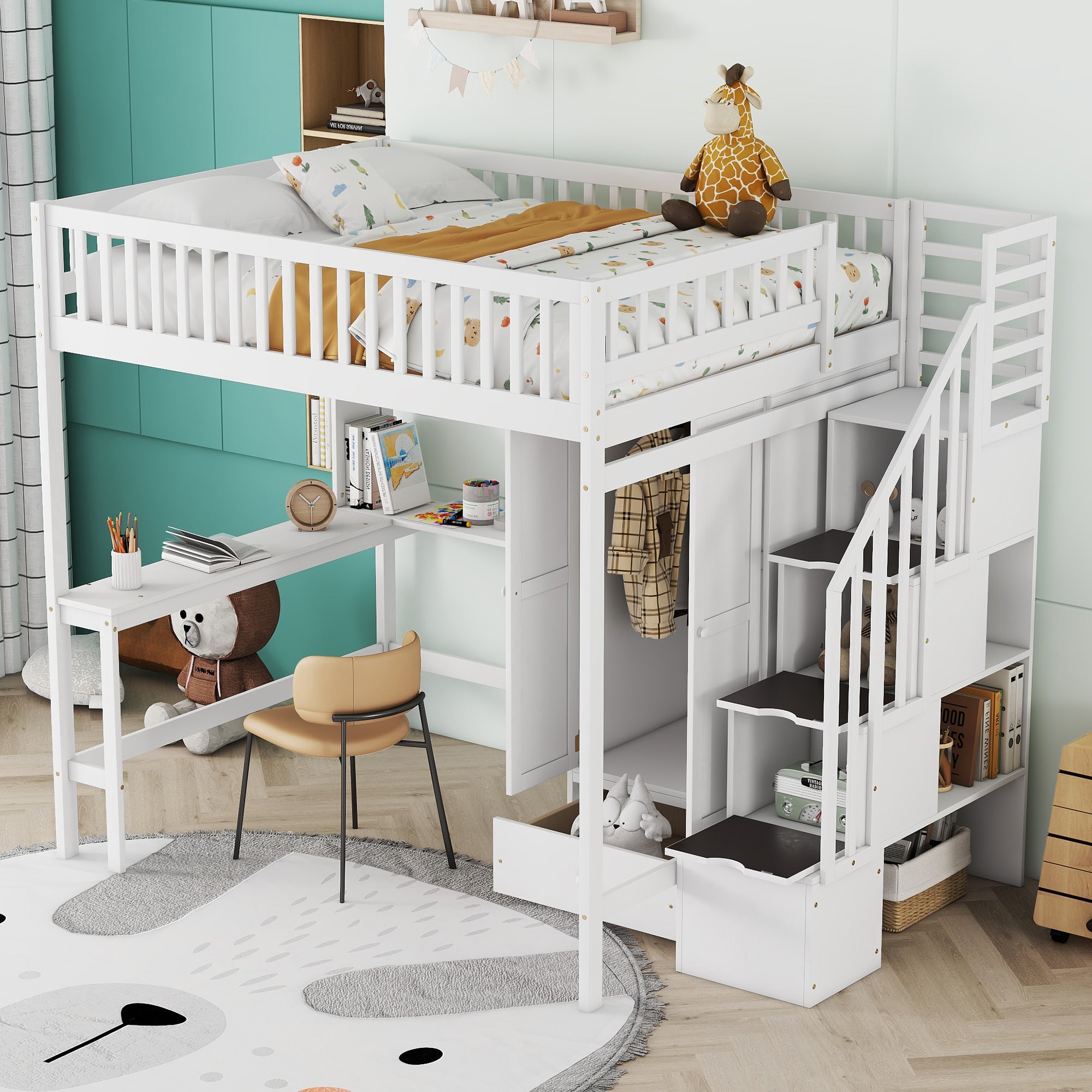Full size Loft Bed with Bookshelf,Drawers,Desk,and Wardrobe-White - Atlantic Fine Furniture Melbourne FL