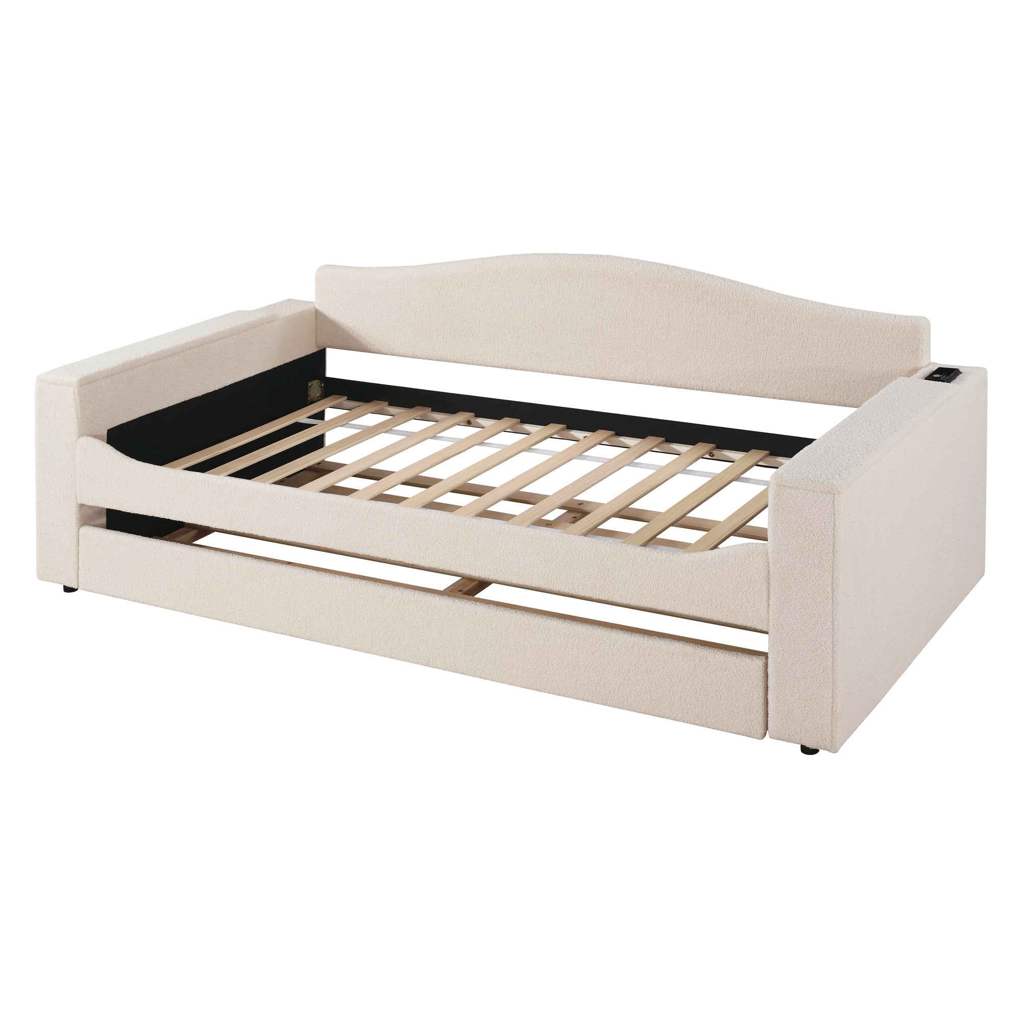 Twin Size Upholstered Daybed with Storage Armrests, Trundle and Latest Integrated Bluetooth Audio System, Teddy Fleece, Beige - Atlantic Fine Furniture Melbourne FL