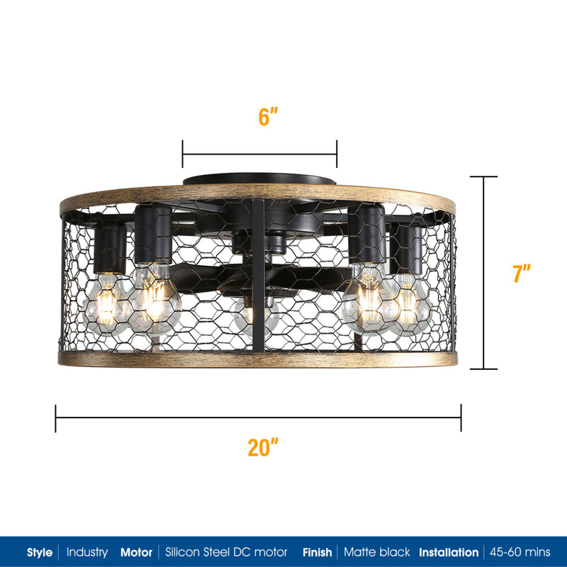 20" Industrial Caged Ceiling Fan, With 7 - ABS Blades Remote Control Reversible DC Motor, Small Flush Mount Ceiling Fan For Farmhouse - Black