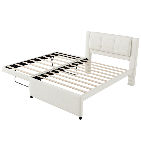 Full Size Upholstered Platform Bed With Adjustable Trundle - Beige