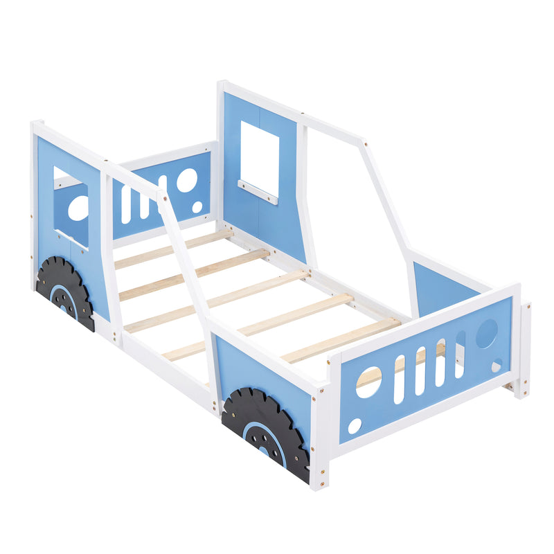 Twin Size Classic Car-Shaped Platform Bed with Wheels,Blue