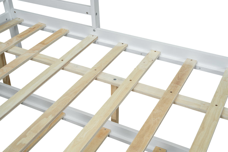 Full Size Wood House Bed with Fence and Writing Board, White