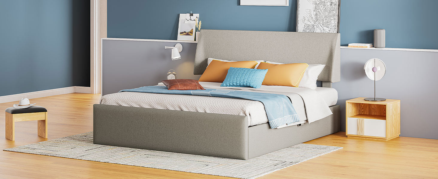 Queen Size Sleigh Bed with Side-Tilt Hydraulic Storage System, Linen Upholstery, Gray - Atlantic Fine Furniture Melbourne FL
