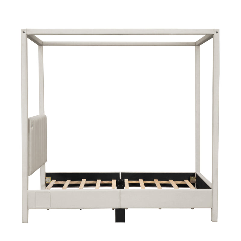 Full Size Canopy Platform Bed with USB and Type-C Ports, Canvas, Beige