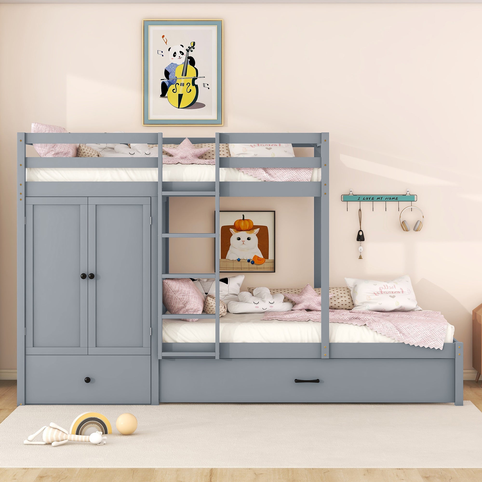 Twin-over-twin Bunk Bed with Wardrobe, Drawers and Shelves, Gray - Atlantic Fine Furniture Melbourne FL