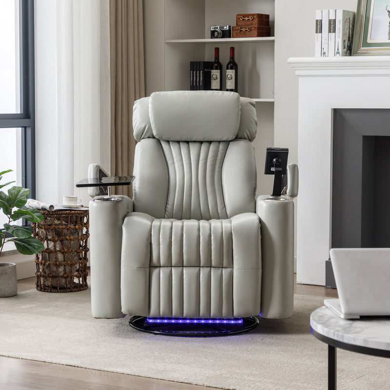 270 Degree Power Swivel Recliner, Home Theater Seating With Hidden Arm Storage And LED Light Strip, Cup Holder, 360 Degree Swivel Tray Table, And Cell Phone Holder, Soft Living Room Chair