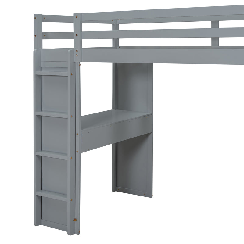 Full Size Loft Bed with large shelves, writing desk and LED Light, Gray
