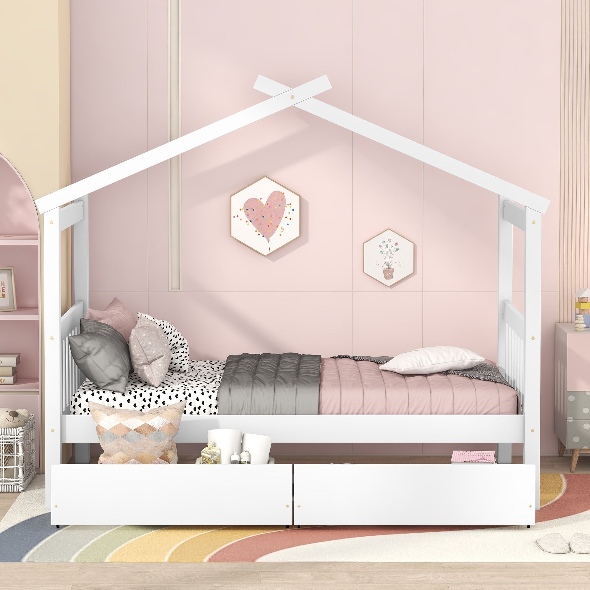 Twin Size Wooden House Bed with Drawers, White - Atlantic Fine Furniture Melbourne FL