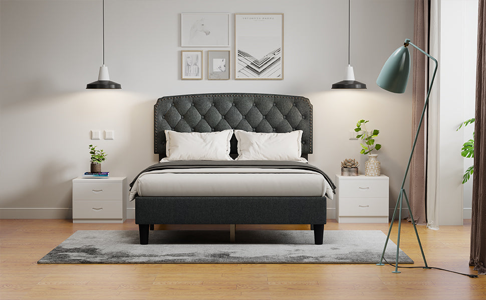 Full size Adjustable Headboard with Fine Linen Upholstery and Button Tufting for Bedroom,  Wave Top  dark Gray