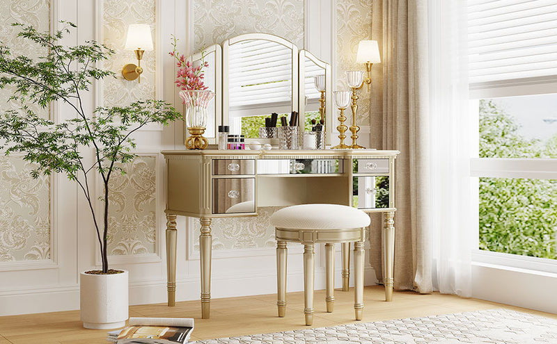 Dressing Table Set With Mirrored Drawers And Stool, Tri-Fold Mirror, Makeup Vanity Set For Bedroom