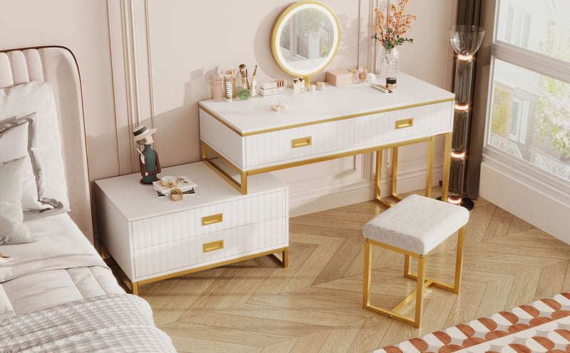 Modern Style Vanity Table With Movable Side Cabinet And 4 Drawers, Large Size Dressing Table With Mirror And 3 Colors Led Light, Makeup Table With Stool - White / Golden