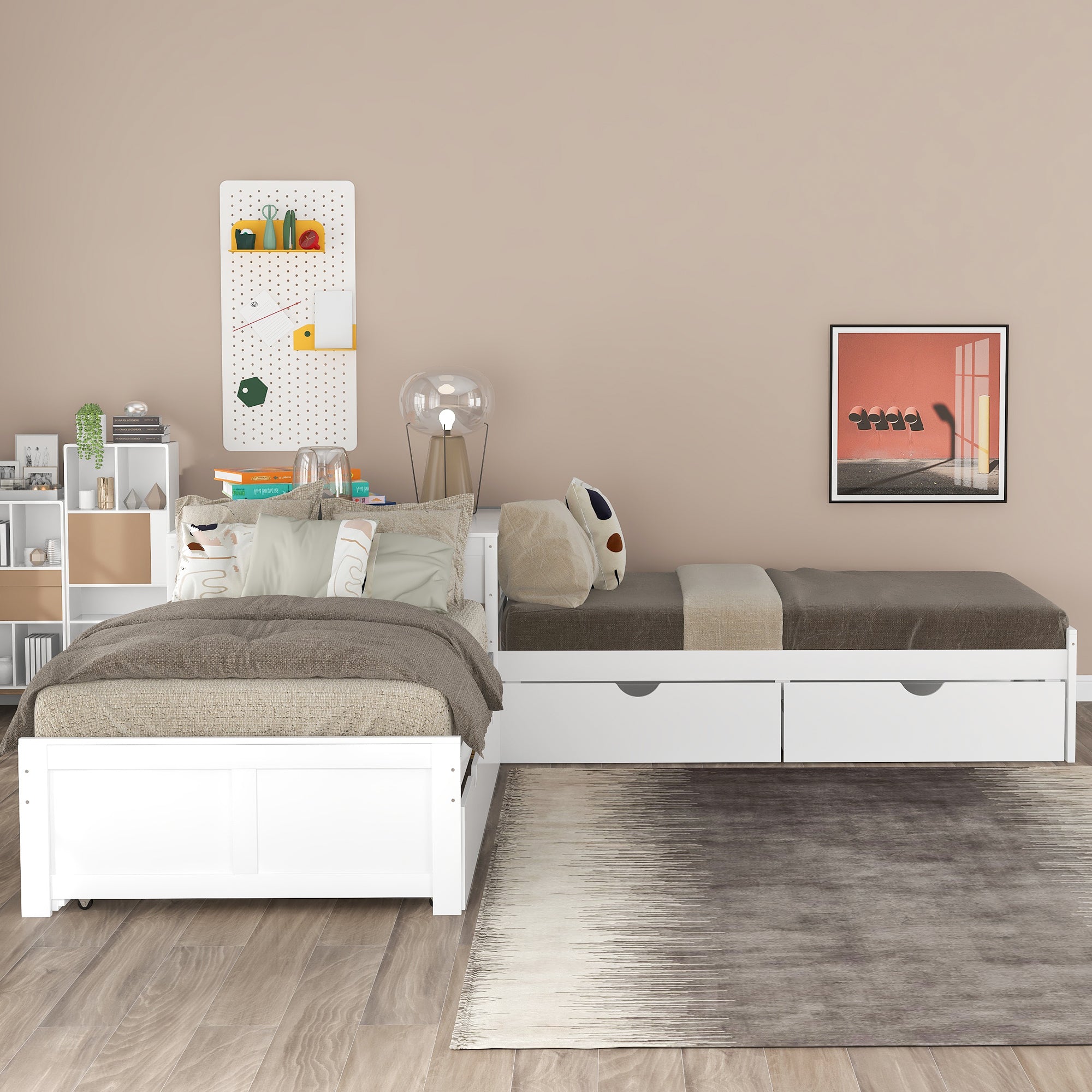 L-shaped Platform Bed with Trundle and Drawers Linked with built-in Desk,Twin,White - Atlantic Fine Furniture Melbourne FL