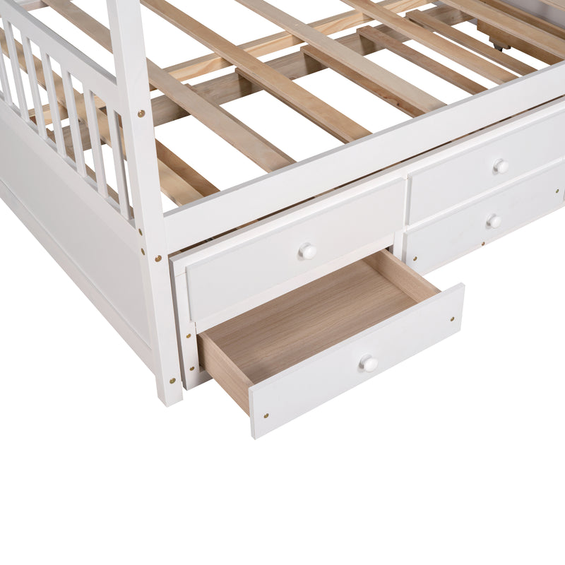 Full size Wooden House Bed with Trundle and 3 Storage Drawers-White