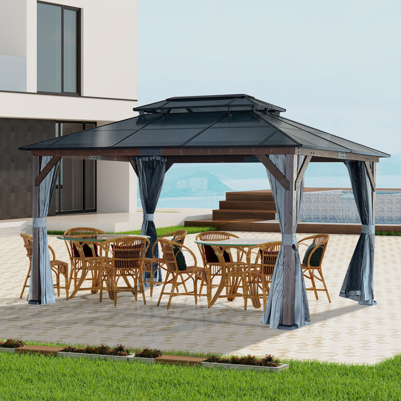 10' x 13' Hardtop Wood Gazebo For Patios, Outdoor Framed Gazebo With Polycarbonate Double Roof Canopy, Solid Wooden Framed Gazebo With Privacy Curtains And Mosquito Nettings For Garden, Backyard - Black