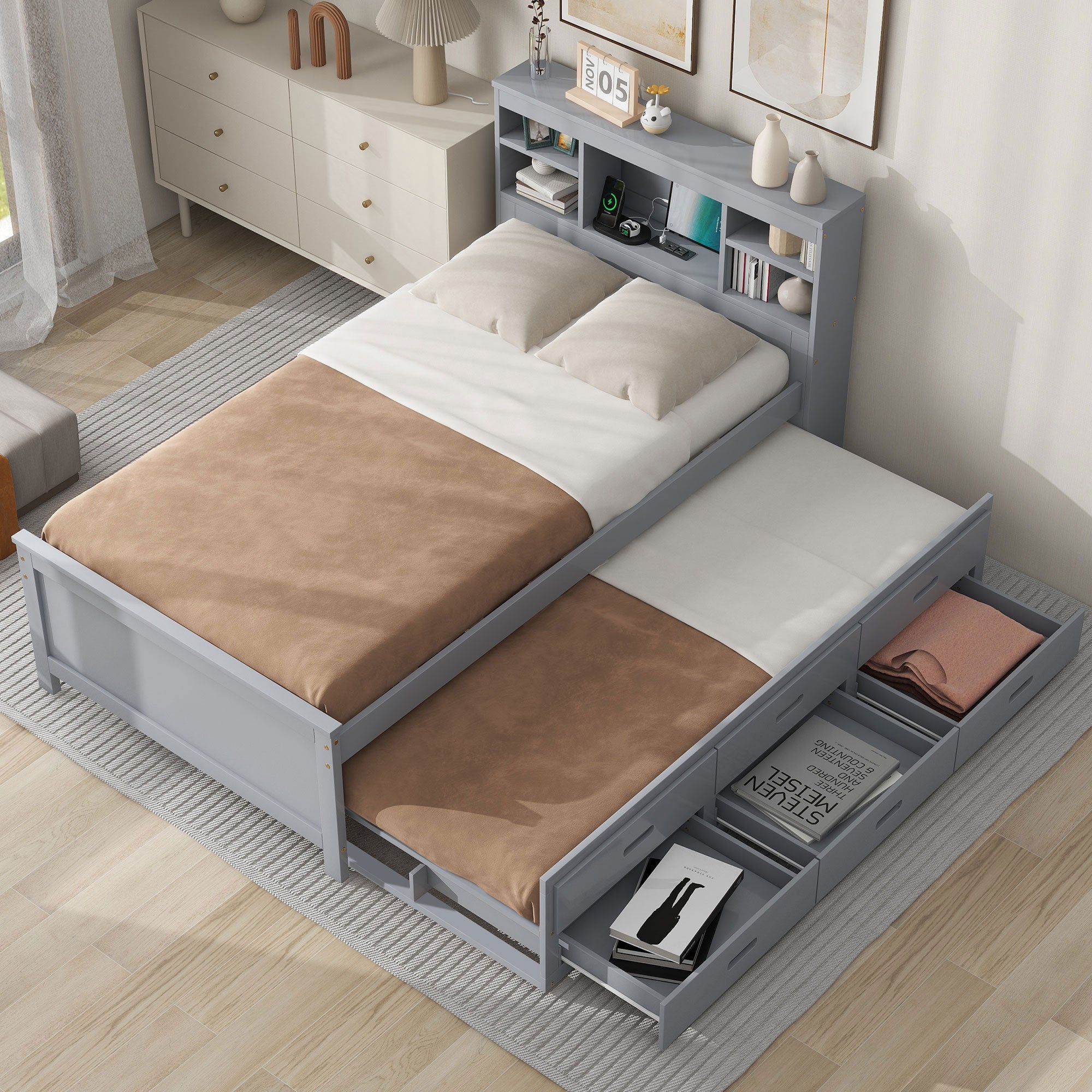 Twin Size Platform Bed with Storage Headboard, USB, Twin Size Trundle and 3 Drawers, Gray - Atlantic Fine Furniture Melbourne FL