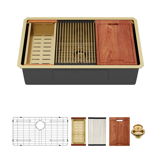 Gold Stainless Steel Undermount Kitchen Sink 36 X 19 X 9" 16 Gauge Deep Workstation Sink With Cutting Board And Accessories
