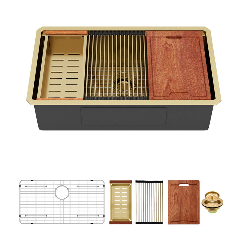 Gold Stainless Steel Undermount Kitchen Sink With Workstation 33 X 19 X 10 Inch, 16 Gauge Deep Bowl