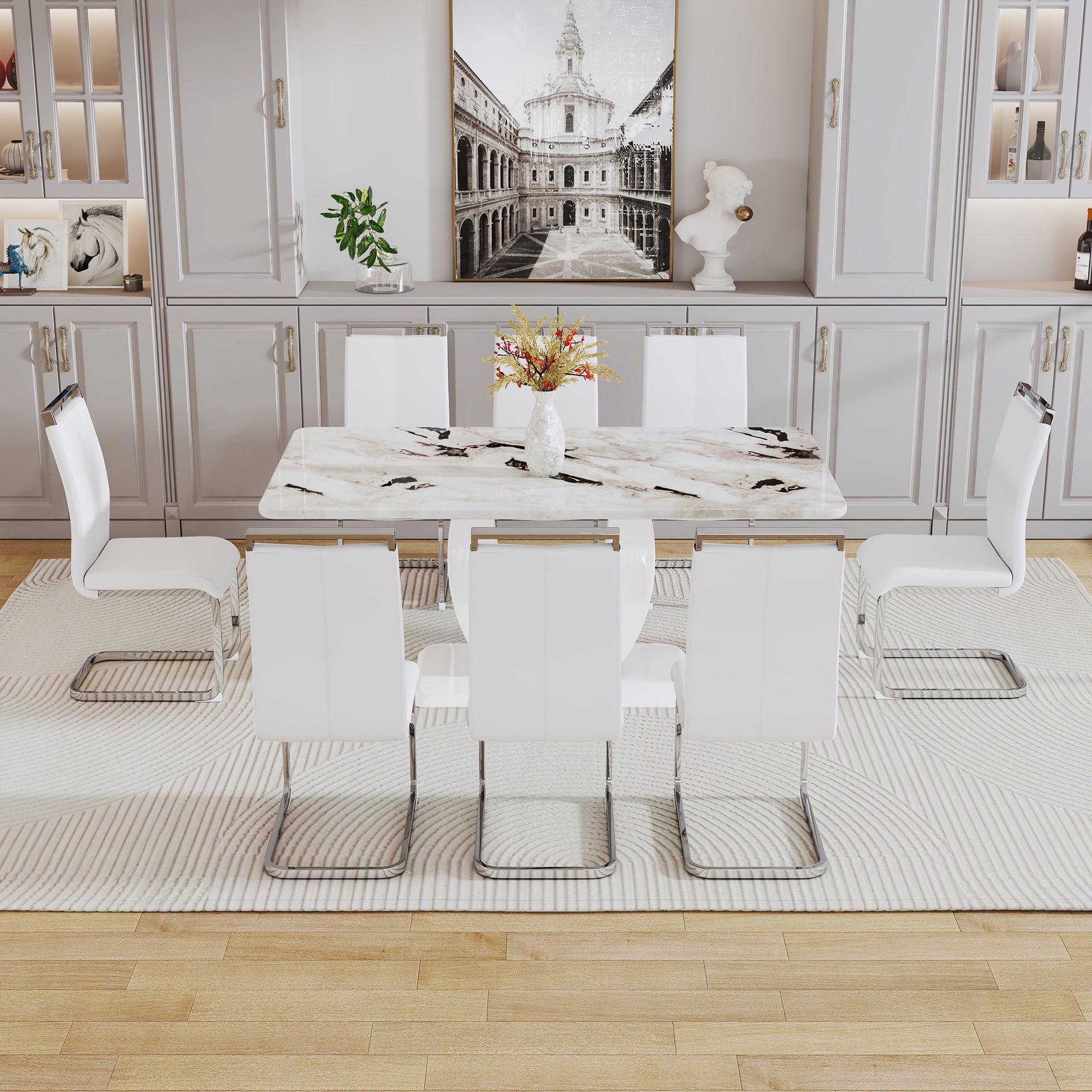 Table and chair set, modern minimalism and luxurious white rectangular pattern dining table.  Soft and comfortable dining chair, for dining room, living room, terrace and kitchen.