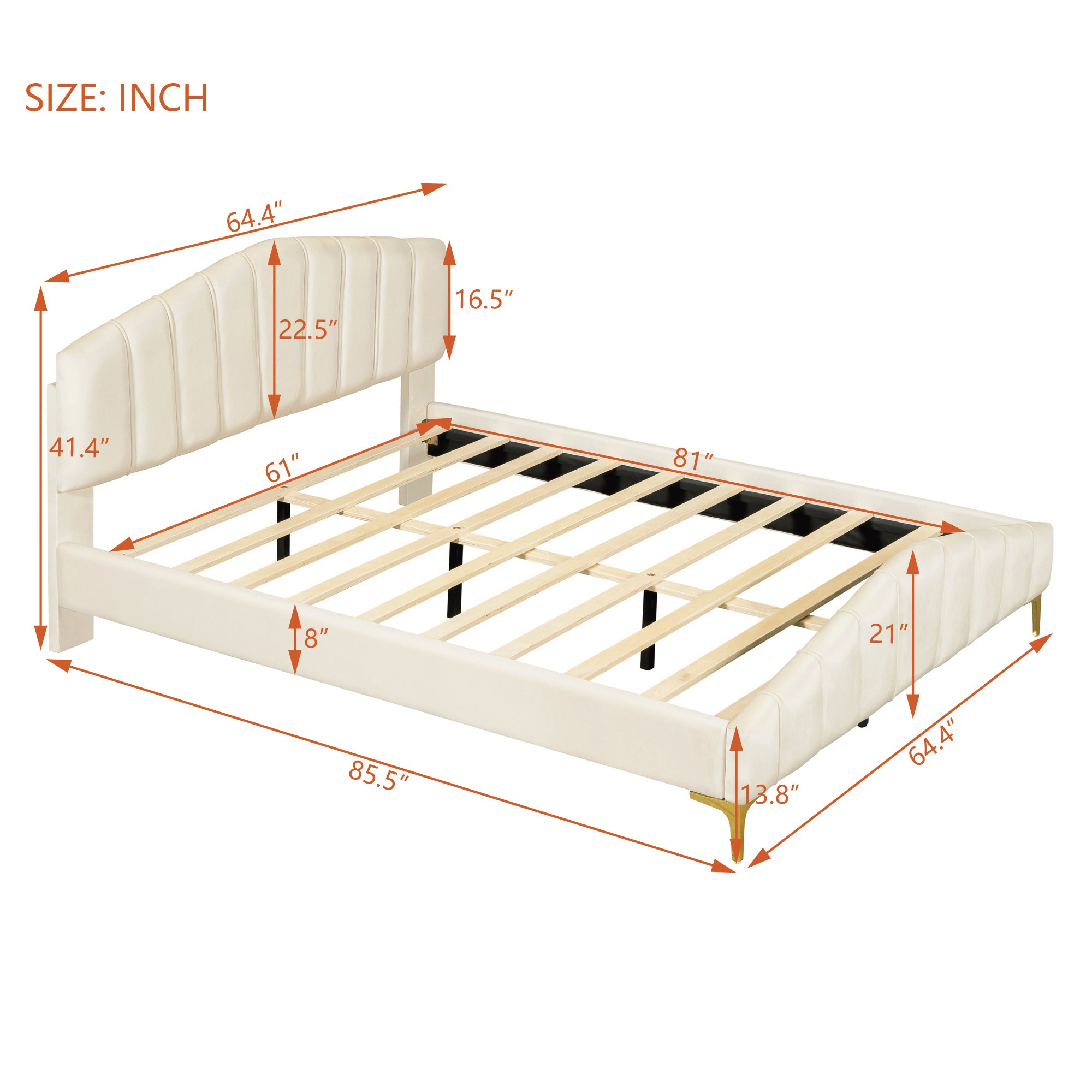 Queen Size Velvet Platform Bed with Thick Fabric, Stylish Stripe Decorated Bedboard and Elegant Metal Bed Leg, Beige - Atlantic Fine Furniture Melbourne FL