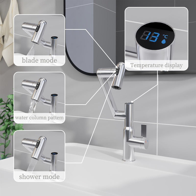 Bathroom Sink Faucet With Spray Function And Temperature Display, Anti Skid Switch, 360 Degree Rotary, Brass Material - Chrome