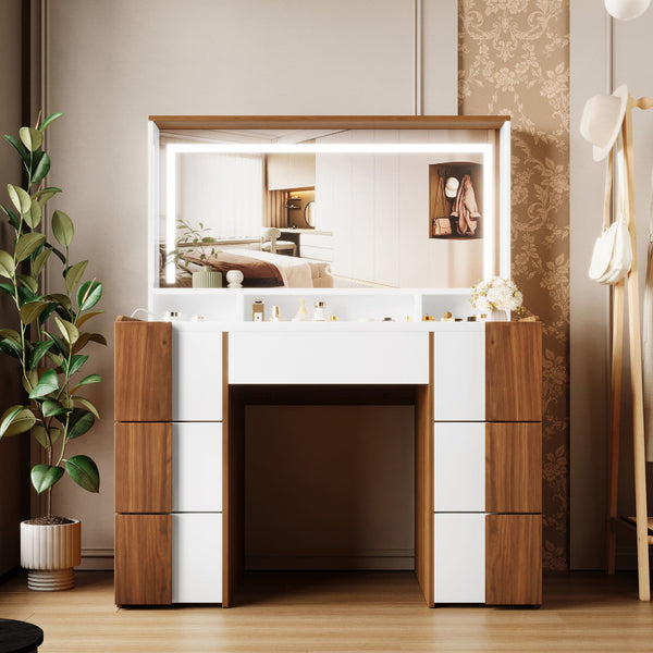 Elegant Vanity Table With Large Lighted Mirror & Power Outlet, Dressing Table With 7 Drawers & Shelves, Vanity Desk With Brown Solid Wood Style Stickers - Brown / White