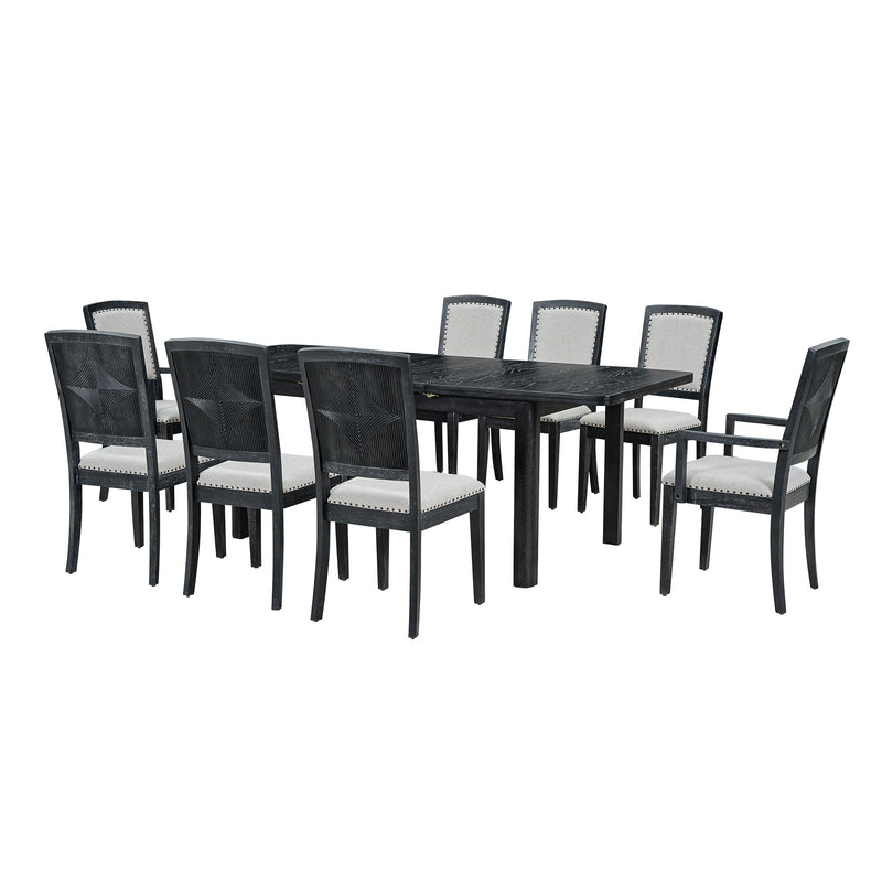 Topmax - Rustic Extendable Dining Table Set With Removable Leaf, 6 Upholstered Armless Dining Chairs And 2 Padded Arm Chairs, 9 Pieces